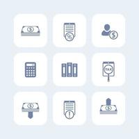 Bookkeeping, finance, payroll icons isolated on white, payroll pictogram, bookkeeping sign, vector illustration