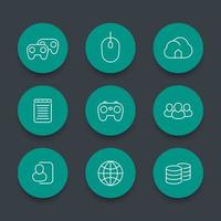 videogames line icons, multiplayer, console gaming, gamepad, pictograms, round green icons, vector illustration