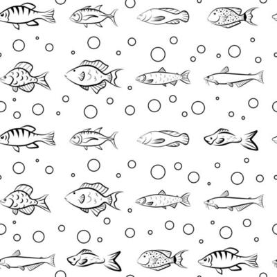 Sea fish outline sketch drawing seamless pattern, vector isolated print template, graphic aquarium underwater wallpaper, simple black flat style wrapping paper.