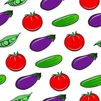 Fresh vegetable seamless pattern with eggplant, tomato, cucumber and green peas. Flat isolated vector fabric print template. Healthy eating diet backdrop. Farm food wrapping paper.