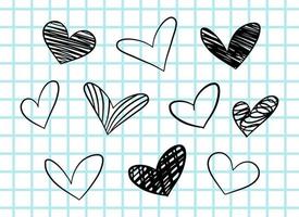 Simple graphic heart shape drawing. Doodle outline sketch icon set. Black pen scribble on notebook.