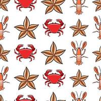 patrón de dibujos animados aislado sobre fondo blanco con cangrejo, crustáceo de concha de langouste y estrellas de mar. estampado textil o plantilla vectorial de papel tapiz de vivero. peces de mar, fauna animal náutica vector