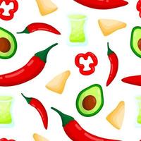 Mexican food isolated vector seamless pattern template. Colorful flat cooking illustration. Menu backdrop print. Avocado, nachos, tequila shot drink, red hot chili peppers.