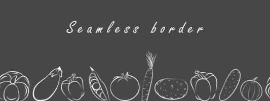 Seamless border frame pattern with farm fresh vegetables food. Isolated vector graphic illustration. Cooking background in doodle outline drawing style. Chalkboard template.