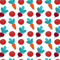 Fresh vegetable seamless pattern with carrots, tomato and beet. Flat isolated vector fabric print template. Healthy eating diet backdrop. Farm food wrapping paper.