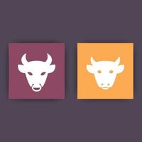 cow and bull heads, cattle icon, cattle farm, ranch, square icons, vector illustration