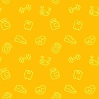 fitness pattern, seamless yellow background with linear gym icons vector