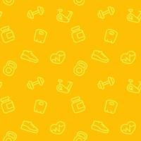 fitness pattern, seamless yellow background with linear gym icons vector