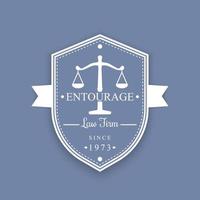 Law Firm vintage logo, emblem, justice, law office sign on shield, vector illustration