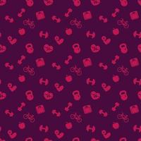 seamless pattern with fitness icons, dark red seamless fitness background, vector illustration