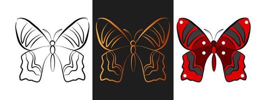 Butterfly animal outline logo design element. Black and gold outline contour, line art style isolated icon set. Beautiful tattoo template. Cartoon insect drawing. vector