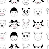 Doodle cute animal face seamless pattern template. Cheerful outline sketch drawing isolated on white background. Simple nursery wallpaper, fabric print. vector