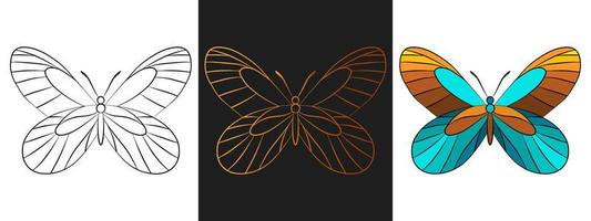 Butterfly animal outline logo design element. Black and gold outline contour, line art style isolated icon set. Beautiful tattoo template. Cartoon insect drawing. vector