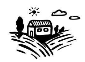 Village with fields and sun. Rural landscape with small farm and trees. Hand drawn engraving style. Doodle logo drawing graphic design. vector