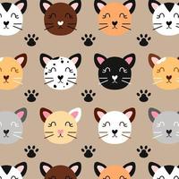 Cute cat vector seamless pattern, simple doodle kitty face background wallpaper, flat fabric print, domestic pet animal.