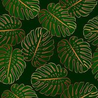 Monstera gold leaf seamless pattern. Vector botanical wallpaper template. Graphic elegant textile print. Outline sketch drawing.