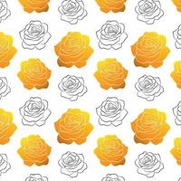 Botanical golden seamless pattern in line art style. Vector rose flower isolated on white background luxury fabric print template. Botany and garden backdrop. Gold coloured.