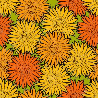 Retro style sunflower field seamless pattern. Abstract floral botanical fabric print template. Wallpaper vector design illustration. Summer graphic outline drawing texture.