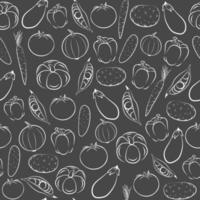 Seamless pattern with farm fresh vegetables food. Isolated vector graphic illustration. Cooking background in doodle outline drawing style. Chalkboard template.