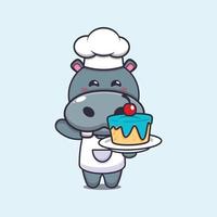 lindo personaje de dibujos animados de la mascota del chef hipopótamo con pastel vector