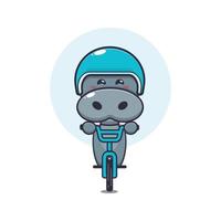 lindo personaje de dibujos animados de la mascota del hipopótamo paseo en bicicleta vector