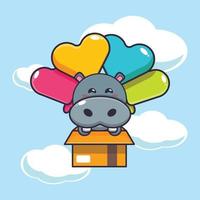 lindo personaje de dibujos animados mascota hipopótamo volar con globo vector