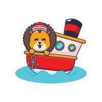 lindo personaje de dibujos animados de la mascota del león en el barco vector