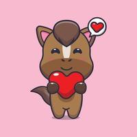 cute horse cartoon character holding love heart vector