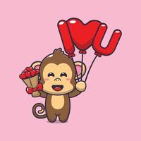 lindo personaje de dibujos animados de mono con globo de amor y flores de amor vector