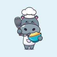 lindo personaje de dibujos animados de la mascota del chef hipopótamo con masa de pastel vector