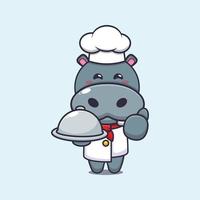 lindo personaje de dibujos animados de la mascota del chef hipopótamo con plato vector