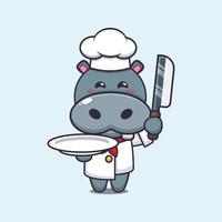 lindo personaje de dibujos animados de la mascota del chef hipopótamo con cuchillo y plato vector