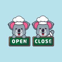 cute koala chef mascot cartoon character with open and close board vector