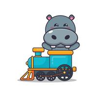 lindo personaje de dibujos animados de la mascota del hipopótamo paseo en tren vector