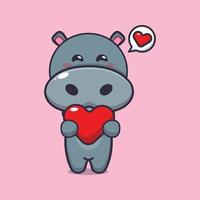 cute hippo cartoon character holding love heart vector