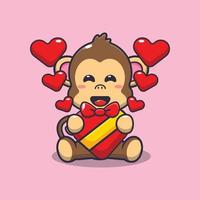 lindo personaje de dibujos animados de mono feliz en el día de san valentín vector