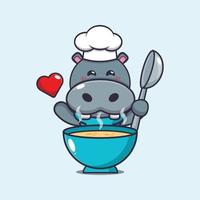 lindo personaje de dibujos animados de la mascota del chef hipopótamo con sopa vector