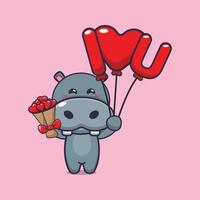 lindo personaje de dibujos animados de hipopótamos sosteniendo globos de amor y flores de amor vector