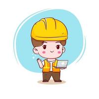 Cute Engineer construction worker holding laptop hand drawn cartoon vector