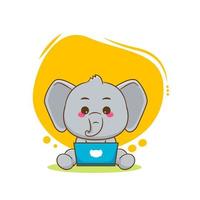 cartoon illustration of cute elephant character working on laptop vector