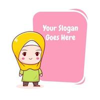 Cute moslem girl with bubble text chibi cartoon character hand drawn illustration vector