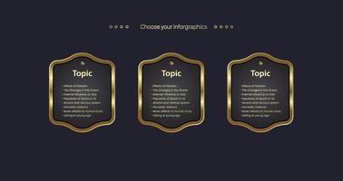 diseño infográfico de lujo moderno, diagrama de flujo vectorial dorado y plantilla de pasos con tres opciones y diseño de pasos vector