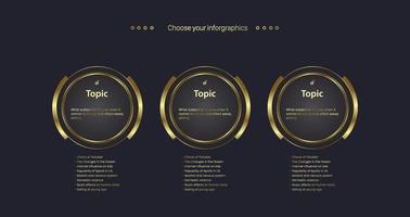 Circle Luxury infographic options template design with three Golden circle Vector in dark color and used for finance work flow and step of temwork presentation objects using, vector, illustration