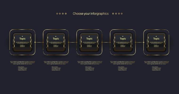 The Best Dark Luxury Steps buttons Infographic with FIVE options process, a golden rectangle objects chart on dark background, workflow design for business and finanial elements