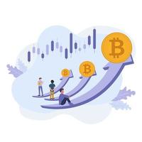 tres flechas para la tendencia ascendente de bitcoins en blockchaines. tres hombres negociando en el gráfico de cifrado, sosteniendo la moneda de bitcoins en la flecha de tendencia ascendente y el vector de diseño de gráfico, ilustración