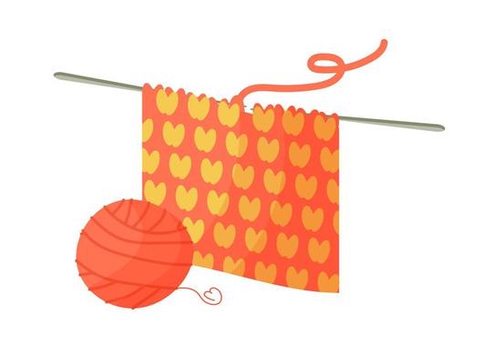 wool ball of yarn, knitting hooks knitted fabric. World Knitting Day in public. Favorite hobby. Cute and cartoon illustration. Handmade products, emblems, design