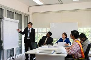 Gerente de mediana edad que presenta el plan del proyecto con el equipo de negocios en la reunión. diversidad en el concepto de negocio foto