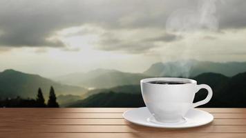 Black coffee In a white coffee mug there is smoke or white steam rising up. Hot espresso on a wooden table for breakfast The background is a mountain scenery. The morning sun is rising. 3D rendering video