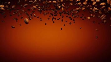Masses of freshly roasted coffee beans rise from the bottom. Coffee beans spread in the air. 3D Rendering video