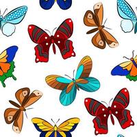 mariposa insecto aislado ilustración vectorial. plantilla de patrones sin fisuras de colores de dibujos animados. dibujo de etiqueta de contorno gráfico. conjunto de iconos de animales de mosca de garabato. vector